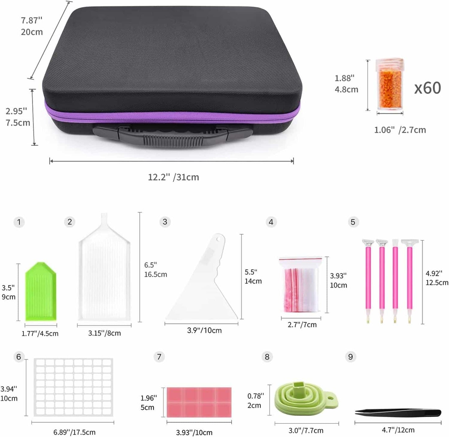 Maleta organizadora (22x34 cms) 60 botellas + kit herramientas pintura con diamantes cierre colores