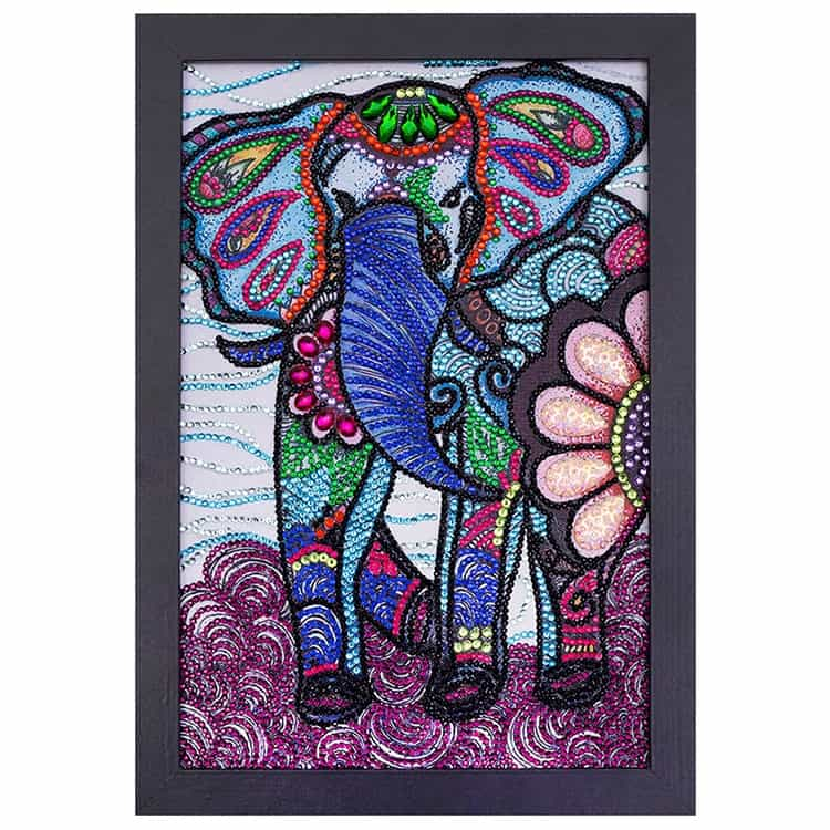 Pintura con Diamantes Elefante de Frente 27x37 con Marco