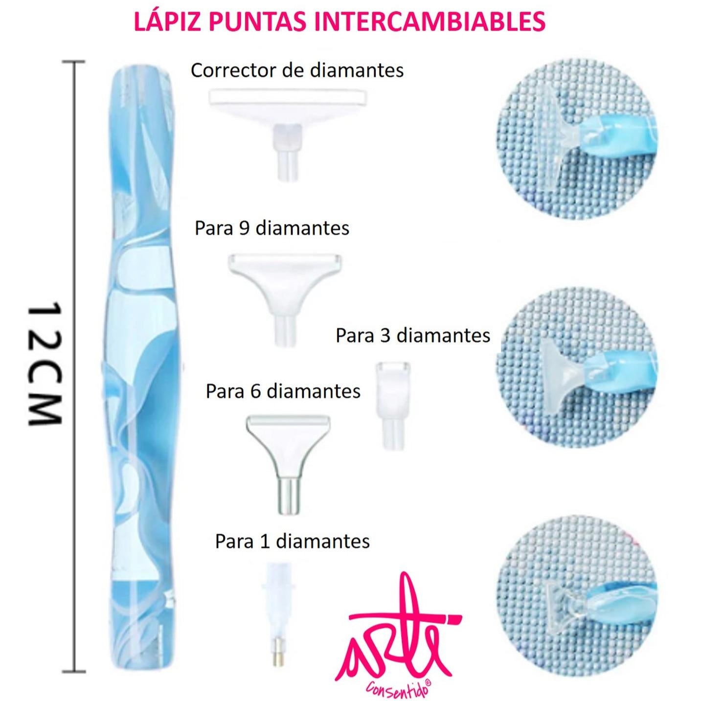 Lápiz Celeste para Pintura con Diamantes con 4 Puntas Intercambiables + Alineador