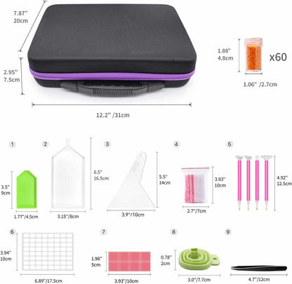 Maleta organizadora (22x34 cms) 60 botellas + kit herramientas pintura con diamantes cierre colores