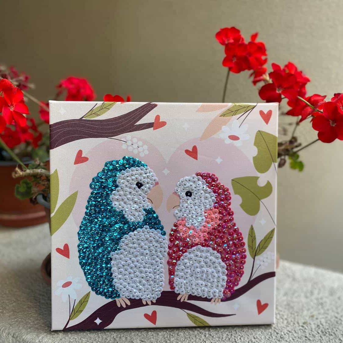 Arte en lentejuelas pajaros 25x25 cm con bastidor