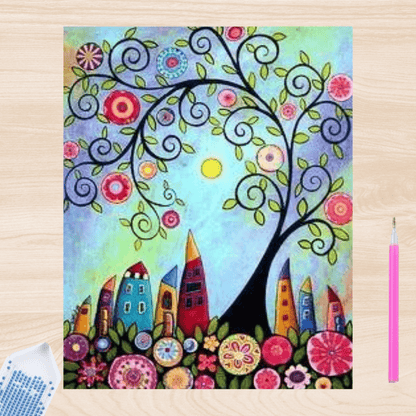 Pintura con Diamantes Árbol Ciudad 20X25