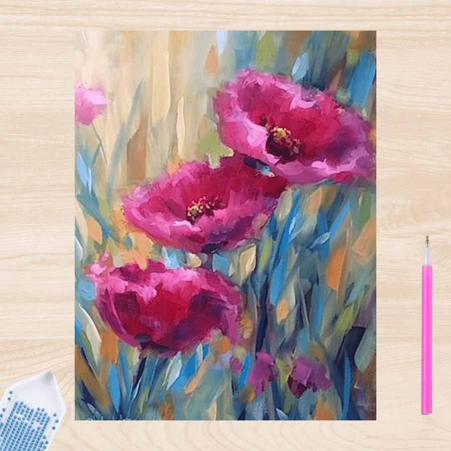 Pintura con Diamantes Flores Fucsias 20X25