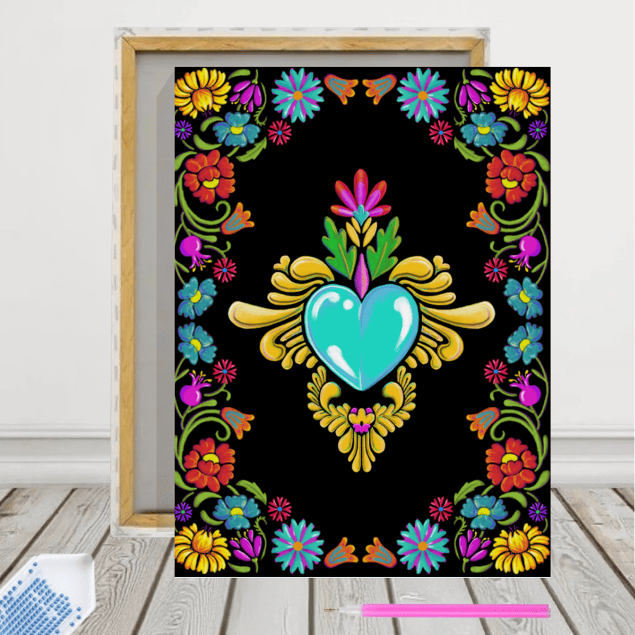 Pintura con Diamantes Corazón mexicano 30x40 con bastidor