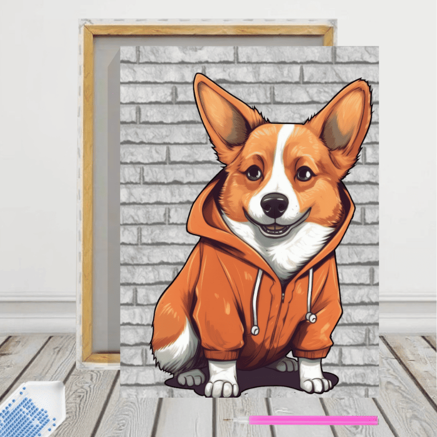 Pintura con Diamantes Corgi capucha 30x40 con bastidor