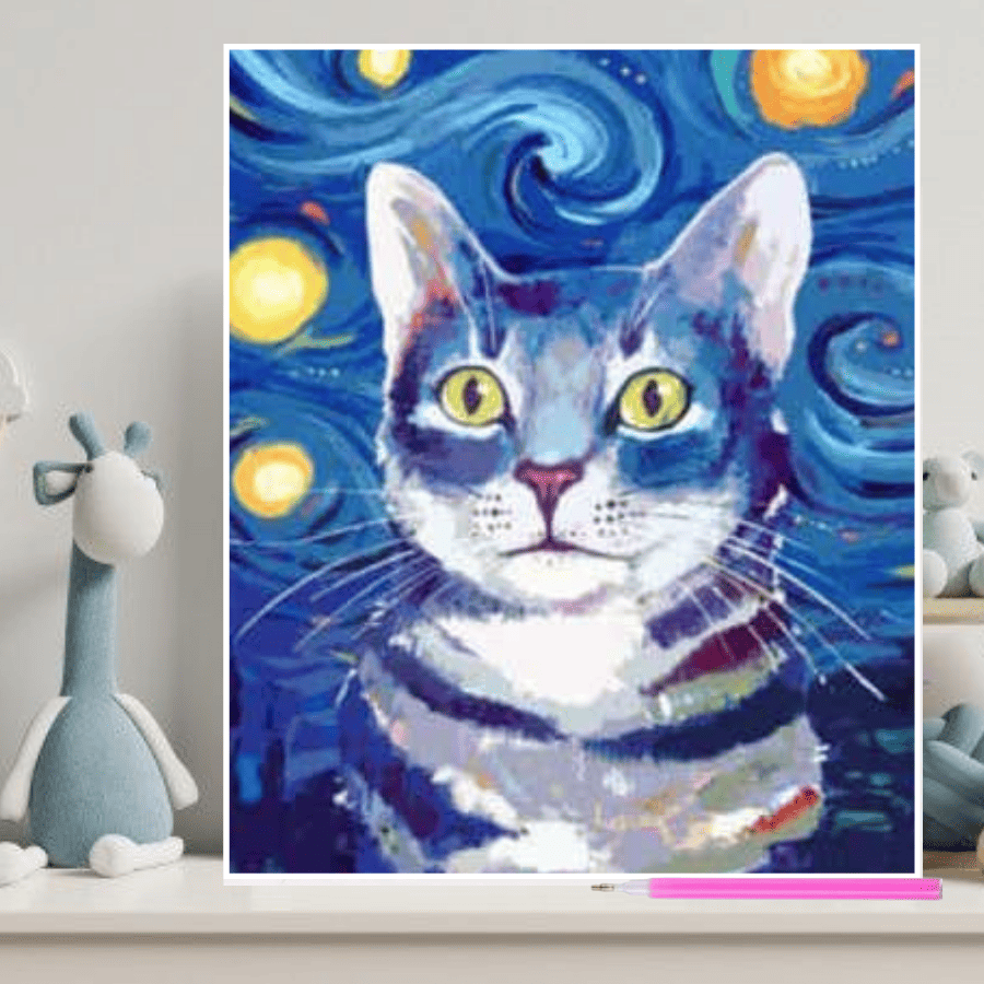 Pintura con Diamantes Gato Starry Night 30x40 con Marco