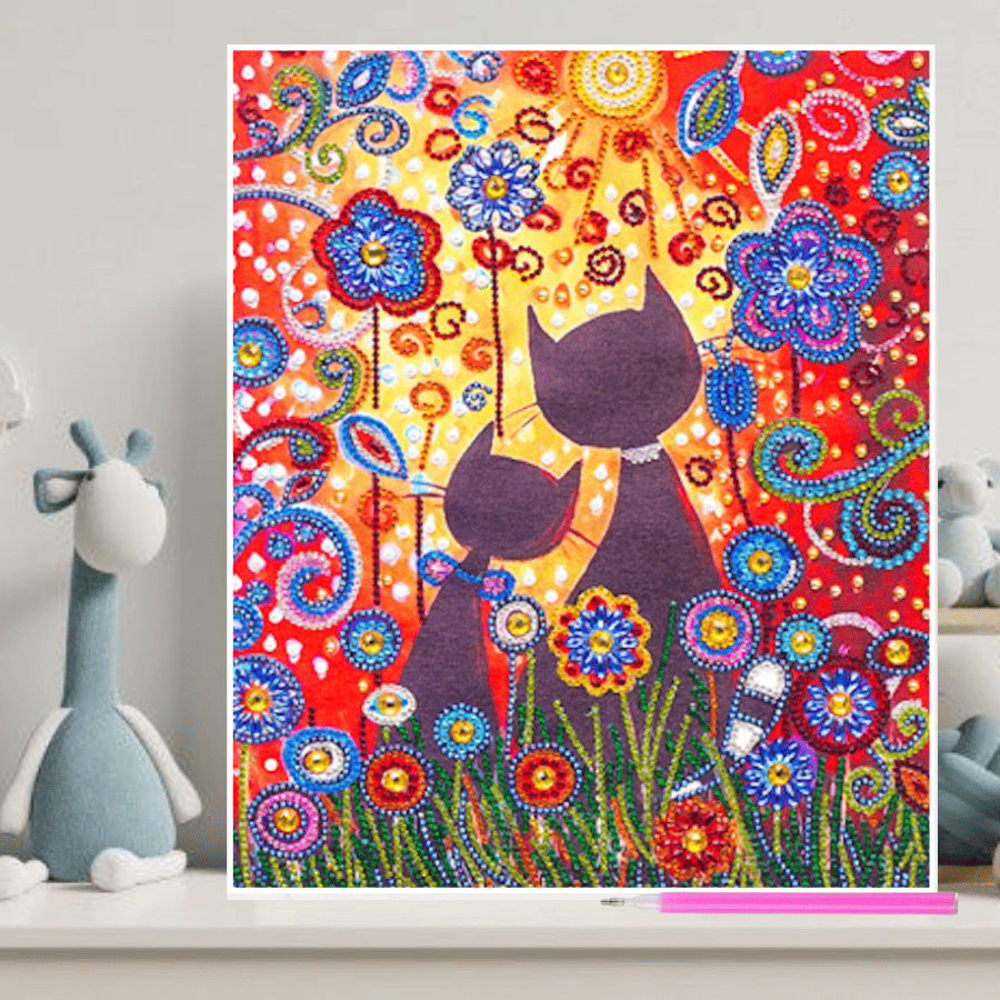 Pintura con Diamantes Gatitos Jardín 30x40 con Marco