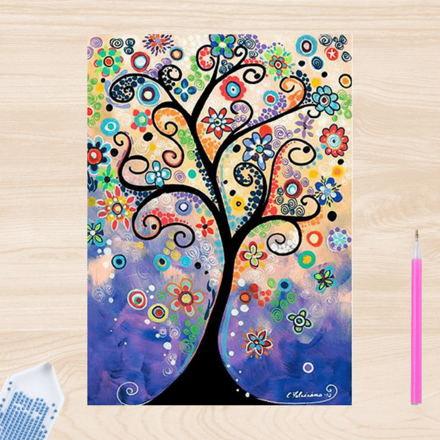 Pintura con Diamantes Árbol Flores 20x25