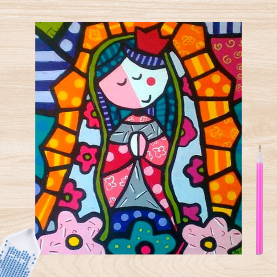 Pintura con Diamantes Virgen Flores 20X25