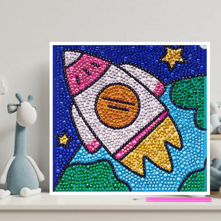 Pintura con Diamantes para Niños Cohet 15X15 con Marco