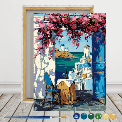 Ventana a Santorini Pintura por Número 40x50 con bastidor