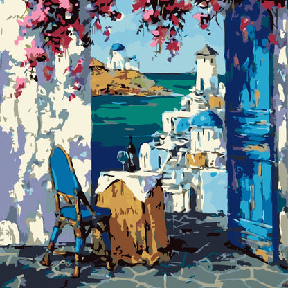 Ventana a Santorini Pintura por Número 40x50 con bastidor