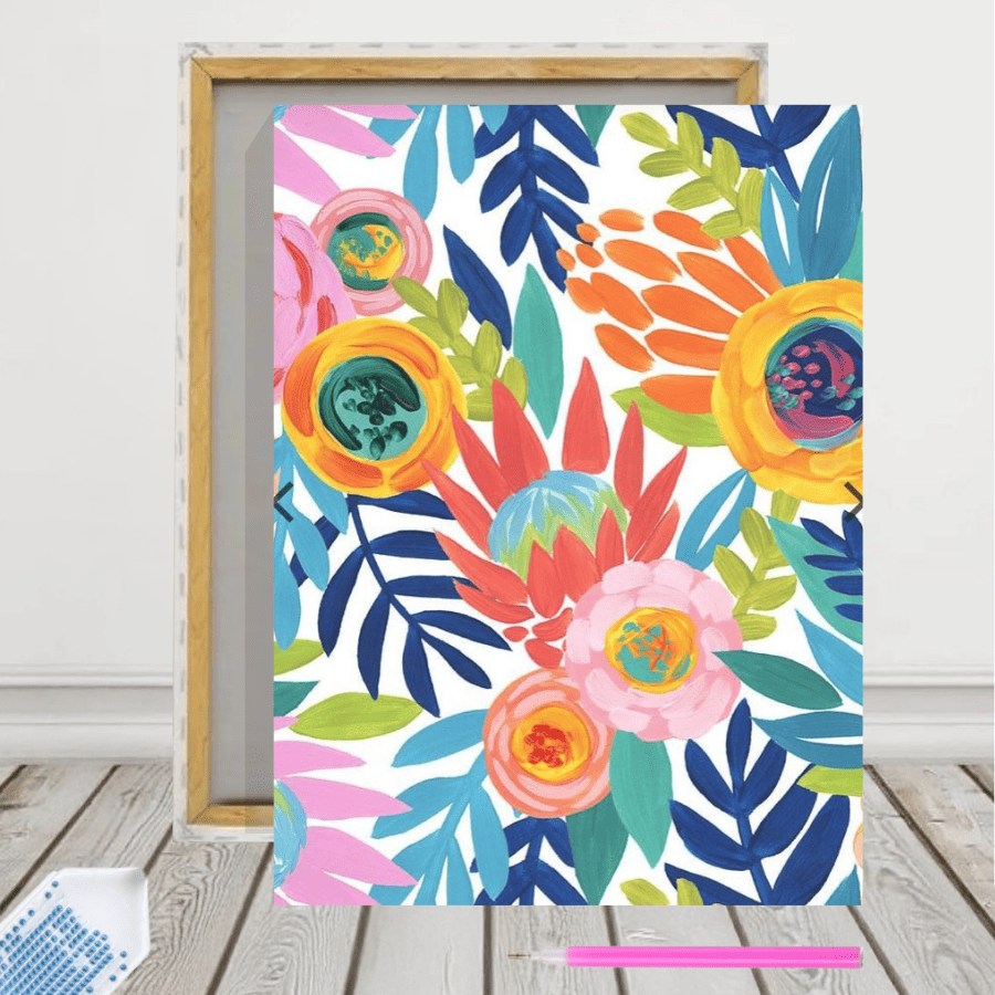 Pintura con Diamantes Flores Tropicales A 30x40 con bastidor (diamante redondo)