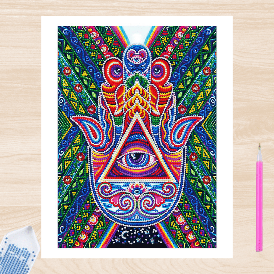 Pintura con Diamantes Luminoso Hamsa  30X40- Brilla en la Oscuridad