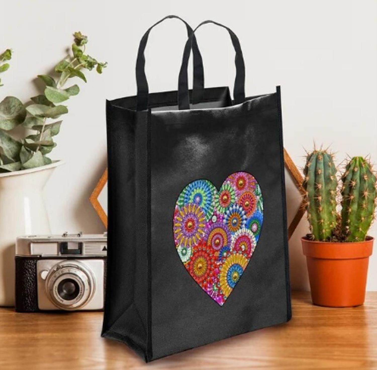 Pintura con Diamantes Bolsa Reutilizable Negra Corazón 20X30