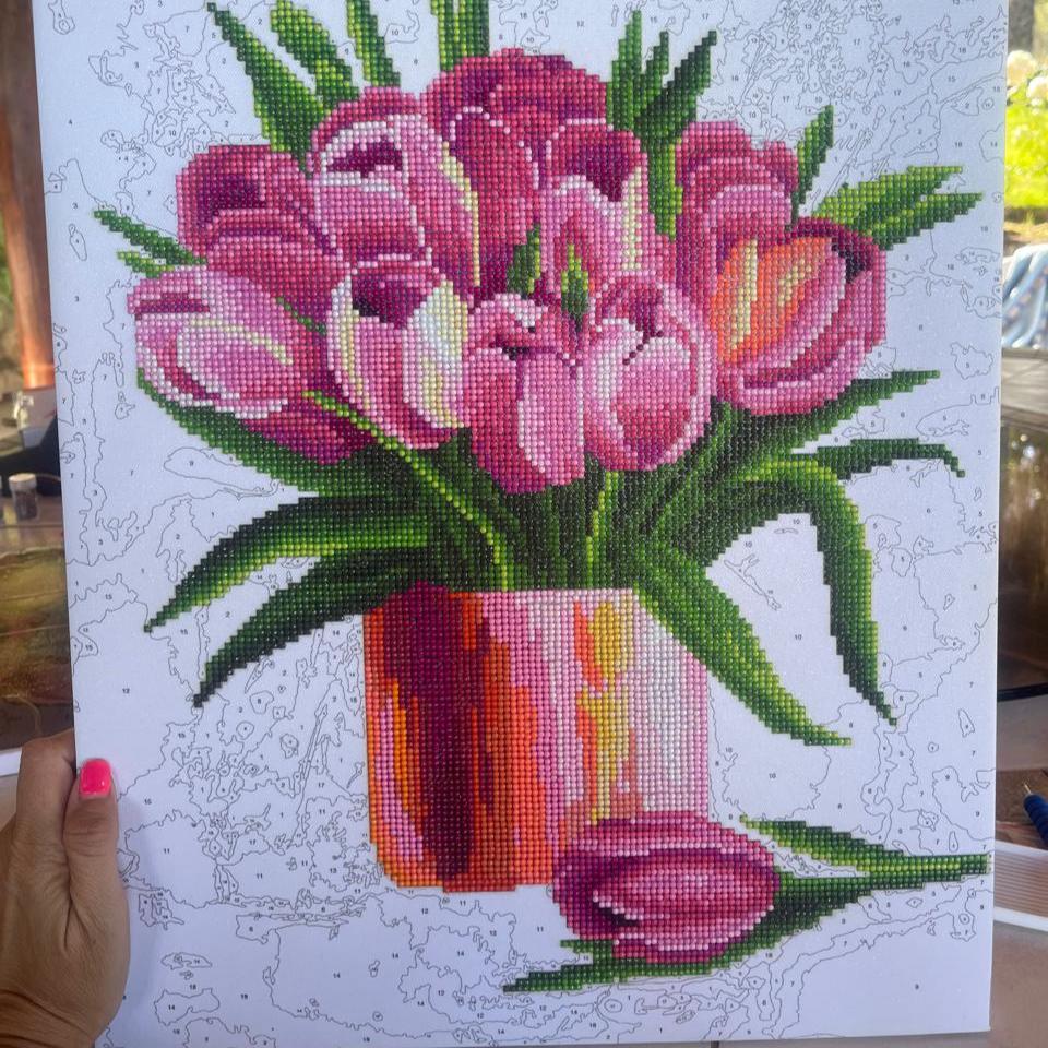 Lienzo Combinado de Pintura con diamantes y Pintura por Número 40x50 Tulipanes con Bastidor