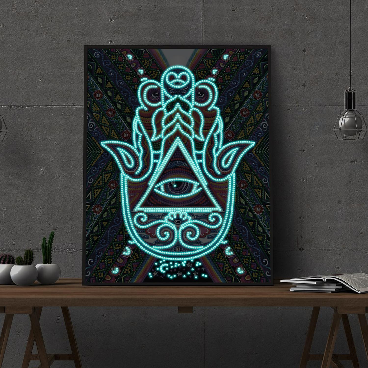 Pintura con Diamantes Luminoso Hamsa  30X40- Brilla en la Oscuridad